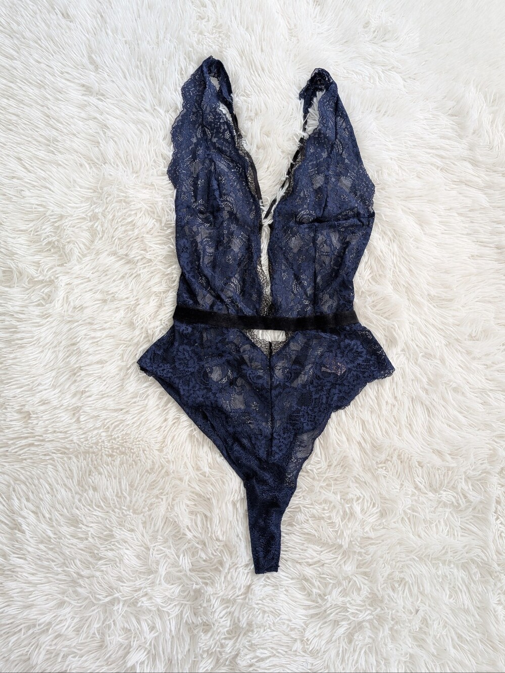 Women's Victoria Secret Lace Bodysuit Navy Blue With Black Velvet Trim Teddy
